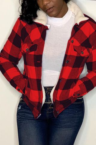 Flamingo Gingham Print Fleece Lined Button Down Jacket