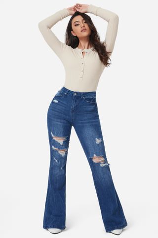 Flamingo 90s Vintage Distressed Zip Fly Raw Hem Flare Leg Jeans