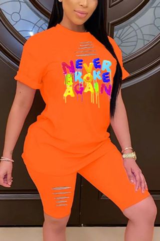 Flamingo Letter Print Ripped Round Neck T-Shirt & Shorts Set