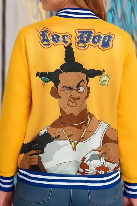 Letter & Cartoon Print Button Up Bomber Jacket