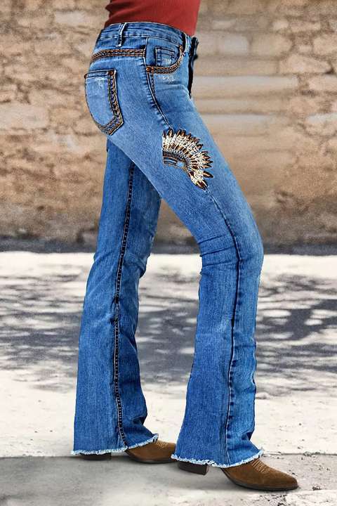 Wash Tribal Embroidery Raw Hem Mid Rise Bootcut Jeans | Flamingals