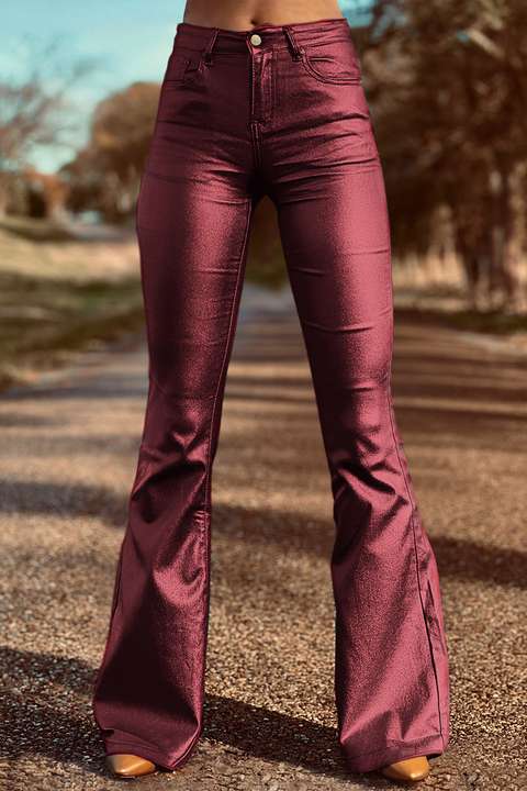 Pantalon Flare a Taille haute Solide en Faux Cuir PU Flamingals by Flamingo Shop