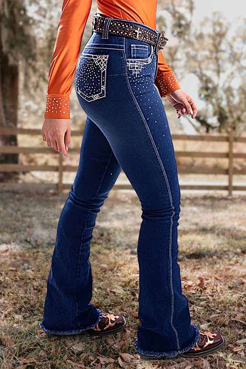 Jean Sans Ceinture Taille Moyenne Broderie Strass Ourlet Cru Delave Flamingals by Flamingo Shop