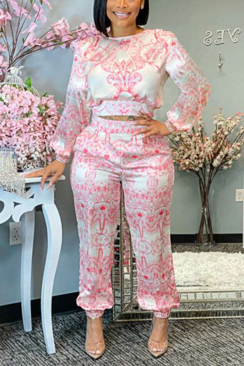 Allover Print Tie Back Crop T-Shirt & Slant Pocket High Rise Pants Set