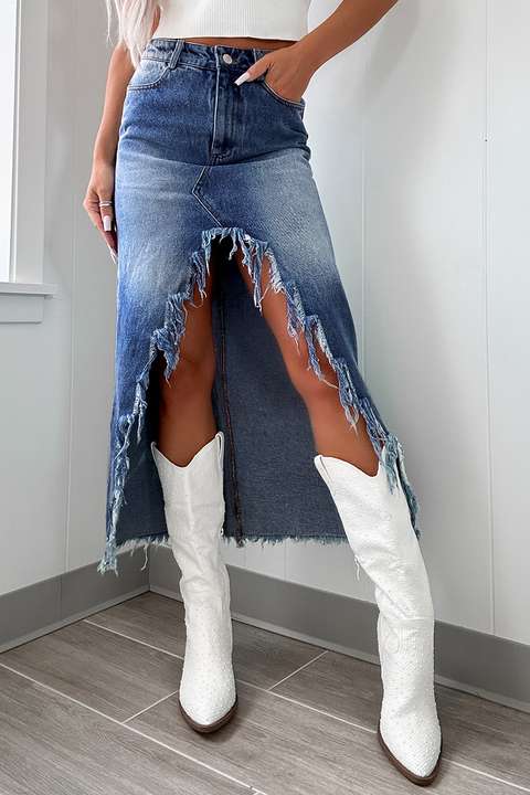 Jupe Midi En Jean Taille Haute Delavee Asymetrique A Ourlet Cru Flamingals by Flamingo Shop