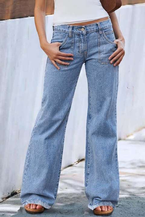 Wash Raw Hem Flap Pocket Wide Leg Low Rise Jeans