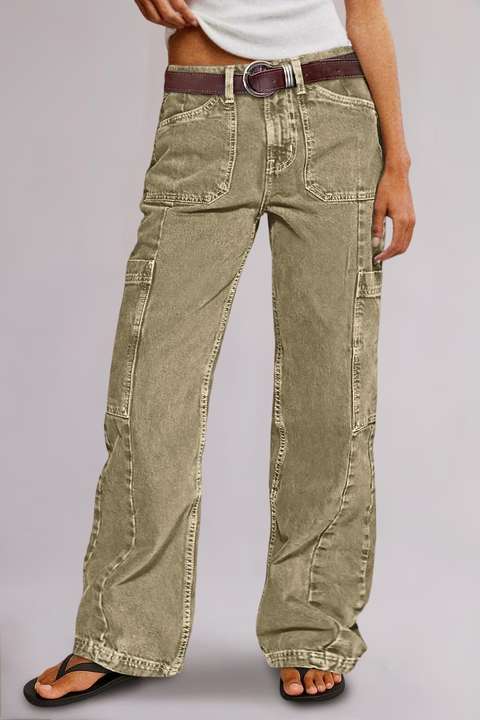 Button Detail Mid Waist Straight Leg Cargo Pants Without Belt | Flamingals by Flamingo Shop