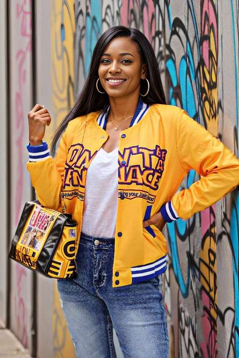 Letter & Cartoon Print Button Up Bomber Jacket