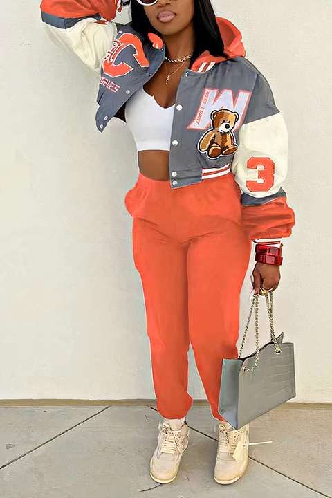 Letter Print Colorblock Bomber Jacket & Pants Set
