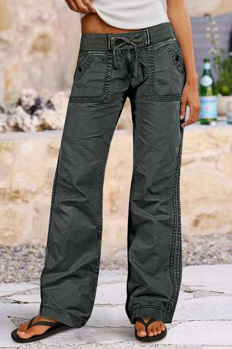 Solid Seam Detail Drawstring Mid Rise Straight Leg Pants