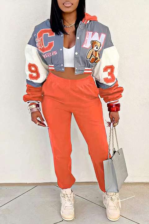 Letter Print Colorblock Bomber Jacket & Pants Set