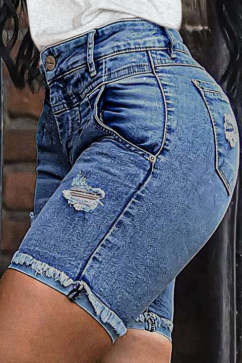 thumbnail image 2 of High-waisted Denim Shorts With Raw Hems - Blue - Sz. 42 2 of 10