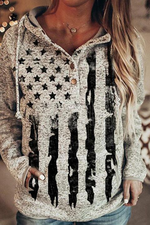 American Flag Print Button Front Pocket Detail Drawstring Hoodie gallery 1