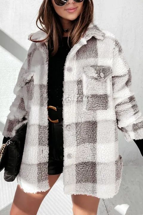 Plaid Print Button Up Flap Pocket Teddy Coat gallery 1