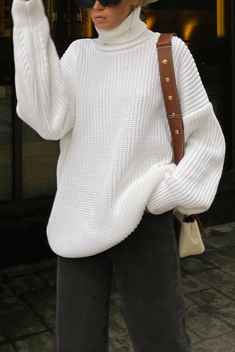 Solid Turtleneck Drop Shoulder Sweater 