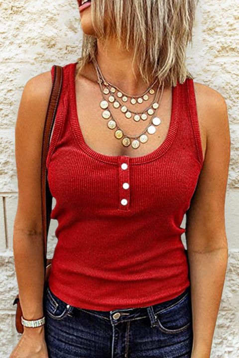 Flamingo Solid Rib-Knit Button Up Racer Back Tank Top