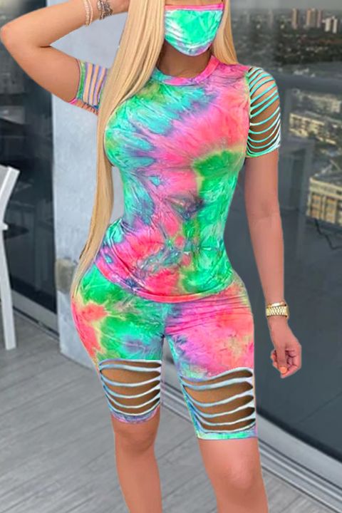 Tie Dye Ripped Top & Shorts Set Without Mask gallery 1