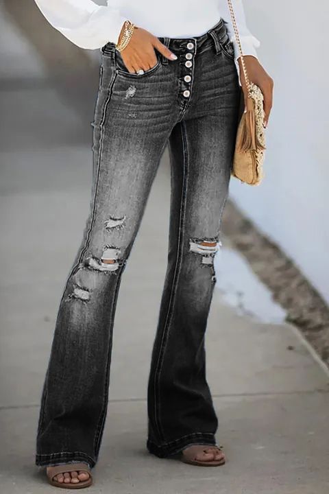 Tall 90s Vintage Button Fly Knee Distressed Flare Leg Jeans gallery 1