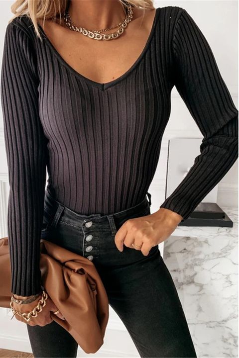 Solid Ribbed V Back Sweater gallery 1