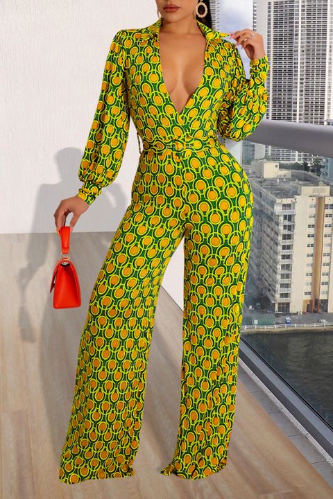 Flamingo Allover Print Belted Wide Leg Jumpsuit