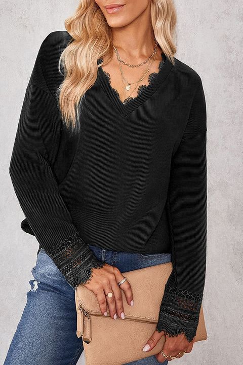 Solid Contrast Lace Rib-Knit Curved Hem Sweater gallery 1