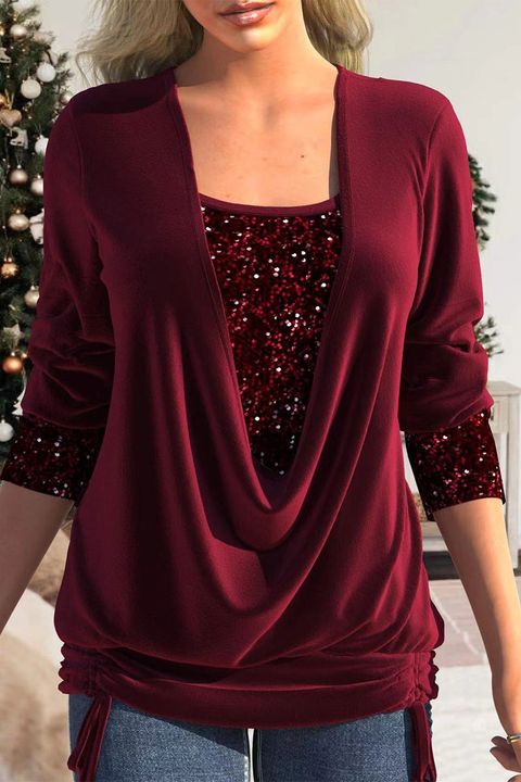 Sequins Decor Drawstring Ruched Square Neck Blouse gallery 1