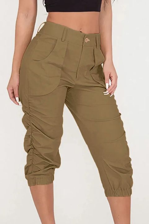 Flamingo Patched Pocket Ruched Capris Tapered Pants