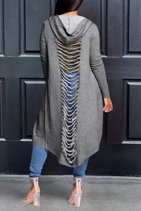 Solid Ripped Back Drawstring Hooded Longline Coat gallery 1
