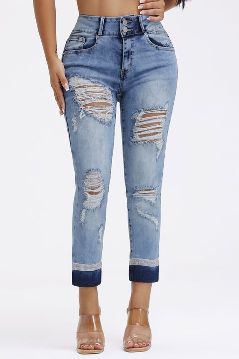 Ripped Skinny Capri Jeans With Rhinestone Detailing Without Belt gallery 1