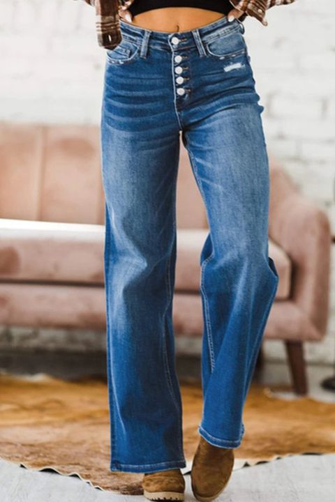 Ripped Button Fly High Waist Straight Leg Jeans gallery 1