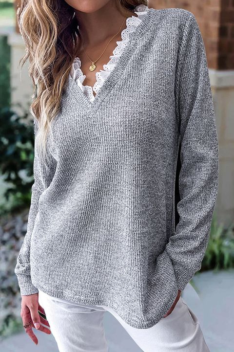 Contrast Eyelet Embroidery V Neck Long Sleeve T-Shirt gallery 1