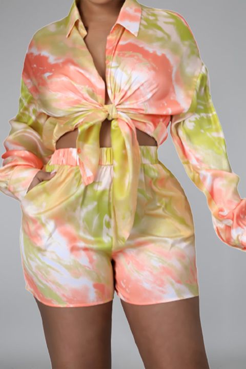 Flamingo Tie Dye Split Curve Hem Button Front Shirt & Shorts Set