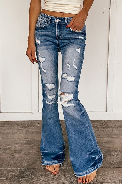 90s Vintage Ripped Raw Hem Low Waist Flare Jeans gallery 1
