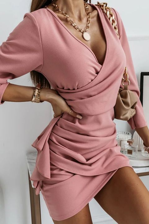 Solid Ruched Wrap Ruffle Trim Mini Dress gallery 1