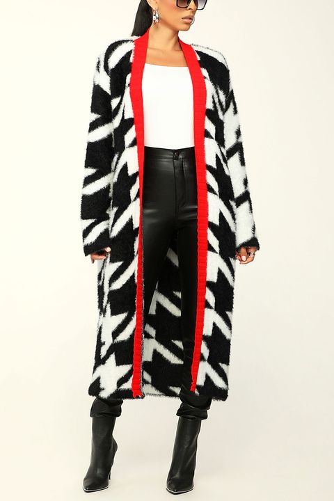 Flamingo Colorblock Houndstooth Pattern Open Front Longline Cardigan