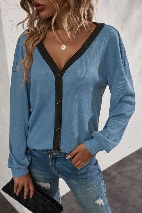 Waffle Knit Contrast Trim Button Front Blouse gallery 1