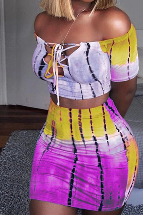 Flamingo Tie Dye Lace Up Crop Top & Skirt Set