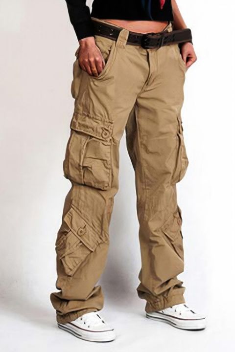 Solid Flap Pocket Straight Leg Cargo Pants Without Belt gallery 1