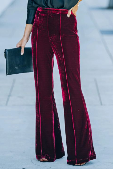 Velvet Solid Topstitching High Waist Flare Pants gallery 1