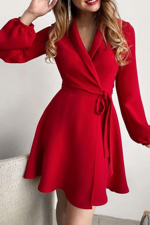 Wrap Tie Front Long Sleeve Mini Dress 
