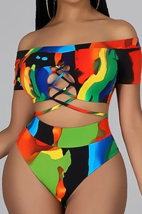 Allover Print Hollow Out Tie Back Bikini Swimsuit gallery 1