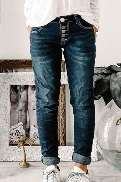 Button Up Roll Hem Straight Leg Jeans gallery 1