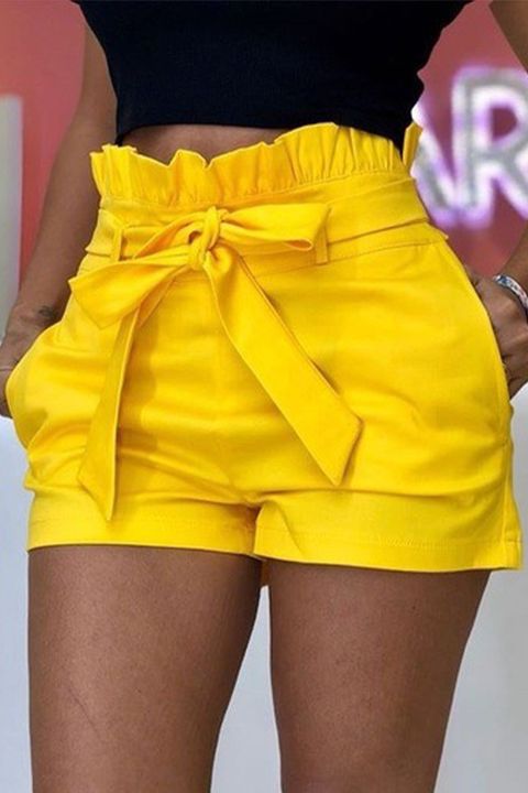 Flamingo Solid Belted Paperbag Waist Straight Leg Shorts