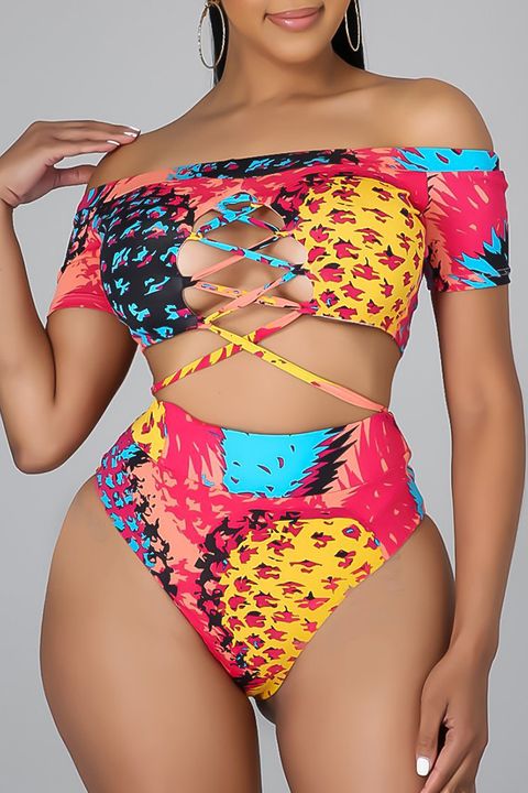 Allover Print Crisscross Cutout Off Shoulder Bikini Set gallery 1