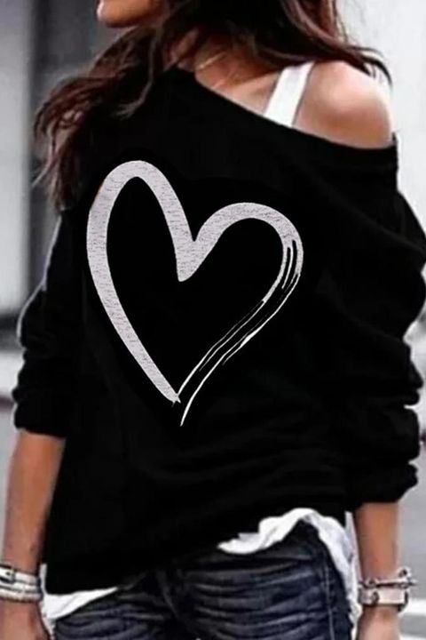 Heart Print Oblique Shoulder Long Sleeve Sweatshirt gallery 1