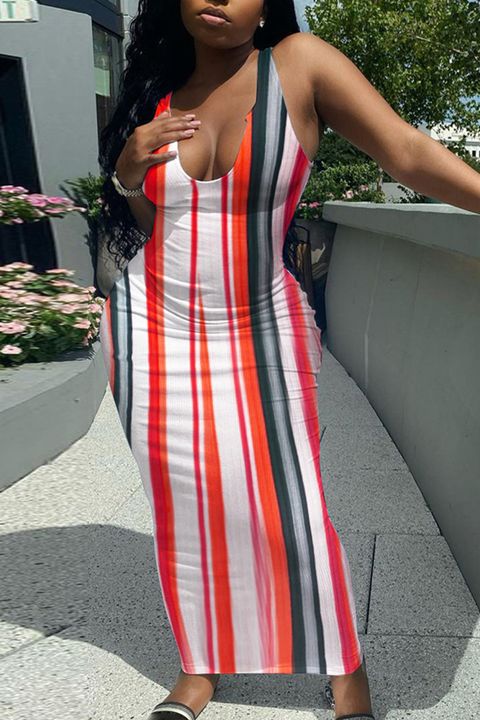 Vertical Striped Form Fitted Long Dress gallery 1