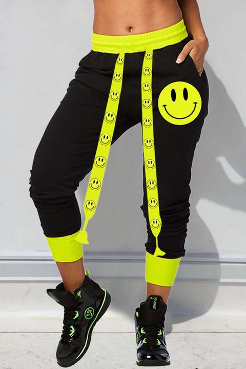 Smile Face Print Drawstring Contrast Trim Cropped Pants gallery 1