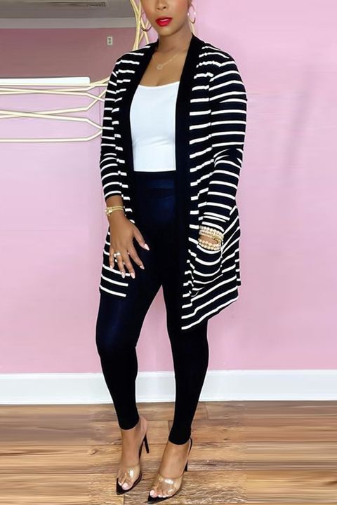 Striped Patch Pocket Open Front Cardigan & Pants Set gallery 1