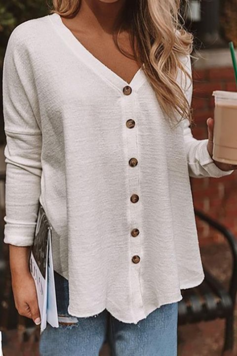 Solid Button Front V Neck Blouse gallery 1