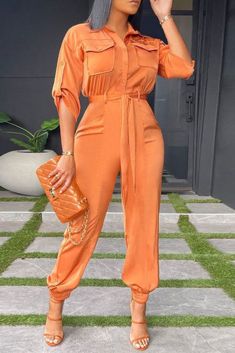 Solid Belted Roll Tab Sleeve Shirt Jumpsuit  gallery 1